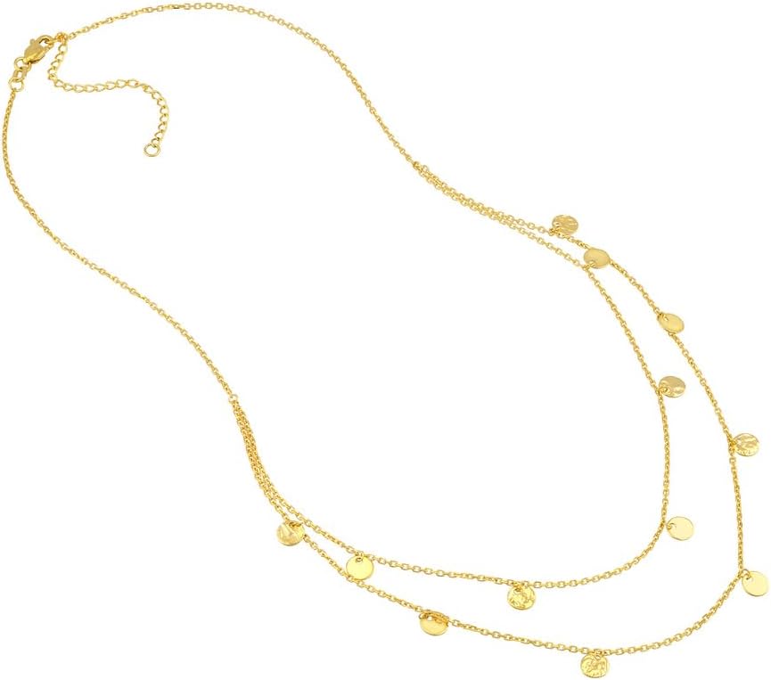 JewelryWeb 14k Yellow Gold Textured Polished Disc Double Strand Bib Necklace 18 Inch Strand Necklace for Women