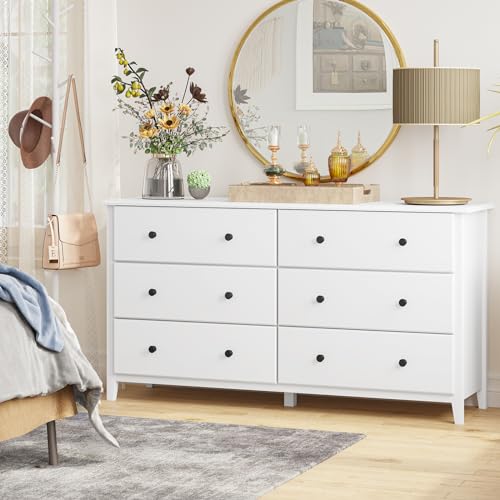 Hasuit 6 Drawer Double Dresser, 51.5''W Wood Dresser Chest with Wide Storage Space, Storage Tower Clothes Organizer, Large Storage Cabinet for Bedroom, Living Room, Hallway (Modern White)