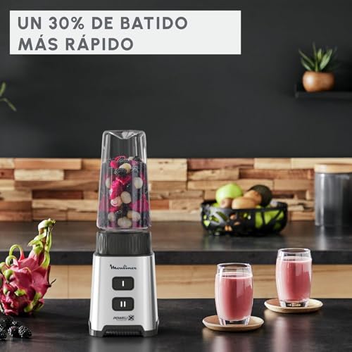Moulinex Pulseo, Batidora de vaso individual de 400 W, batidora de 4 cuchillas de 700 ml y con recipiente portátil de 600 ml, 2 velocidades, para zumos y smoothies, acero inoxidable, LM17GD - imagen 4