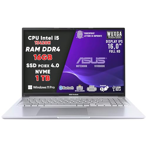 ASUS VivoBook Notebook, Notebook i5 13420H, RAM DDR4 16 GB, SSD 1 TB PCI-e 4.0, IPS-Display WUXGA 16,0 Zoll FHD, Laptop, Laptop mit Tastatur mit Hintergrundbeleuchtung, Fingerprint, Win 11 Pro, 16