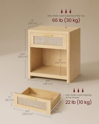 Image of VASAGLE Set of 2 Boho Nightstands with Rattan-Look Drawer | Accent Side End Tables, Open Compartment, Rounded Corners, for Bedroom Bedside, Oak Beige, ELLAN Collection ULET818YC01