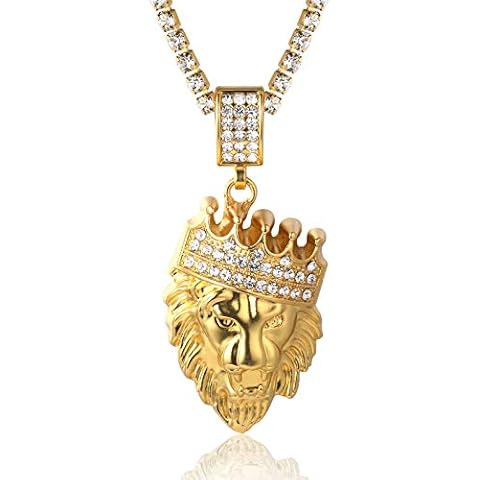 Halukakah Gold Chain for Men 18k Real Gold Plated Iced Out Crown Lion Pendant Necklace,Full Cz Lab Diamonds Prong Set,with 6mm Mini Tennis Chain 20",FREE Giftbox Cover