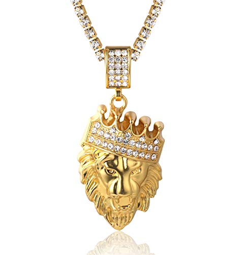 Halukakah - Halukakah Gold Chain for Men 18k Real Gold Plated Iced Out Crown Lion Pendant Necklace,Full Cz Lab Diamonds Prong Set,with 6mm Mini Tennis Chain 20",FREE Giftbox
