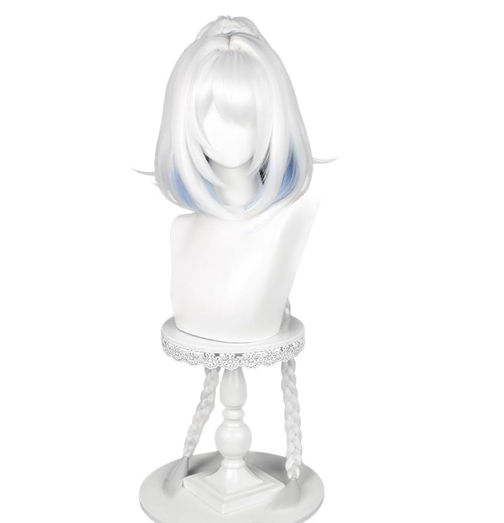 Meguru Mualani Wig Cosplay Genshin Impact White Mixed Blue Double Braids Long Hairs for Adult Women Cos Mualani Role Playing Party(Mualani)