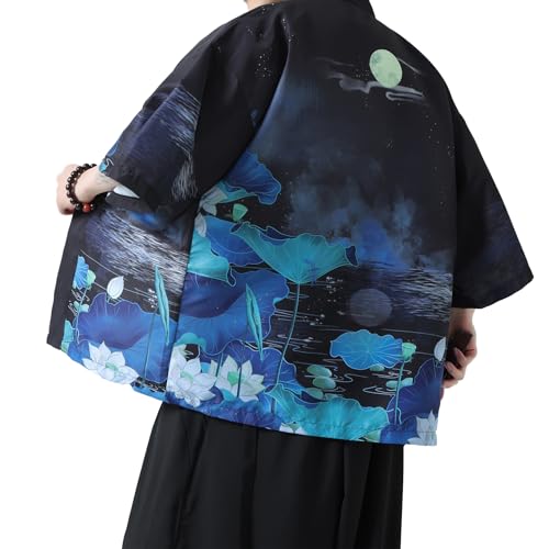 PRIJOUHE Men's Kimono Cardigan Jacket Japanese Style Flying Crane Seven Sleeves Open Front Coat