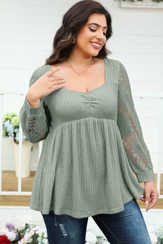 AlvaQ Womens Plus Size Tops Casual Lace Long Sleeve Sweetheart Neck Peplum Ruched Babydoll Shirts Blouse4
