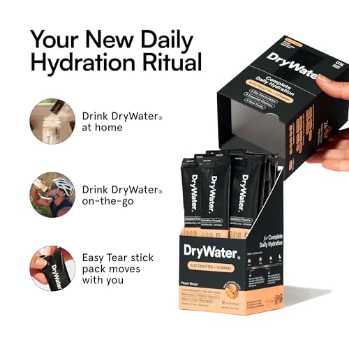 Image of DryWater Electrolyte + Vitamin Hydration Powder Packets - Peach Mango, 1,000mg Potassium, Real Organic Fruit, NSF Certified for Sport, Nothing Artificial, No Added Sugar (12 Stick Packs)