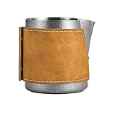 Homeponnew Jarra de espuma de leche de acero inoxidable con funda de cuero, 450 ml/500 ml, diseño sin mango para arte con leche preciso y espresso, herramienta de barista para uso doméstico y