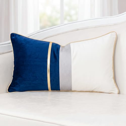 PANOD Patchwork Dark Blue Silk-Like Velvet Throw Pillow Cover with Gold Striped Leather Cushion Case Modern Luxury Lumbar Pillowcase for Sofa Couch Bedroom Living Room Home,12x20 inch