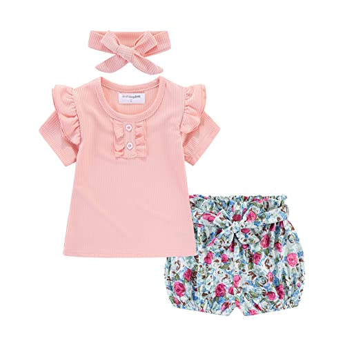 Image of Mud Kingdom Rib Little Girls Outfit with Headband Ruffle Sleeve Tops and Floral Short Set