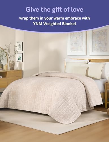 Image of YnM King Size Linen Weighted Blanket for Adults (88x104 Inches, 25 Pounds, Palm Tree), Exclusive Smallest Compartments, Heavy Bed Blanket for Two Persons of 110~190lbs on Queen or King Bed