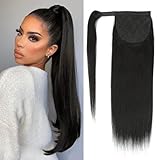 ALISFEEL Wrap Around Ponytail Human Hair Extension Remy Brazilian 100% Real Human Hair Yaki Straight Ponytail Extensions Magic Tape Yaki Straight Pony Tail for Women Natural Black Color (16 Inch)