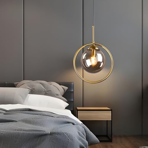 Image of Golden Metal & Smoke Glass Ring Shape Hanging Light, Living Room, Bedroom, Home Decor, E27 Bulb Holder (Without Bulb)