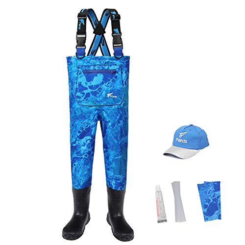 8 Fans Youth Waders, Breathable Kids Waders With Boots Lightweight Waterproof Fishing Waders For Kids Boys Girls Toddler Size 10/11 (Wav3 Blue Camo) #TOP25