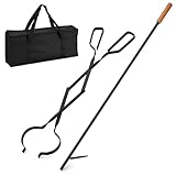 Heavy Duty Fire Tong and Blow Fire Poker Stick Set with Handbag, Fireplace Poker Grabber with Blow, firewood Grabber Tool for Wood-Burning Fire Pit or Fireplace Bonfire Indoor Outdoor use