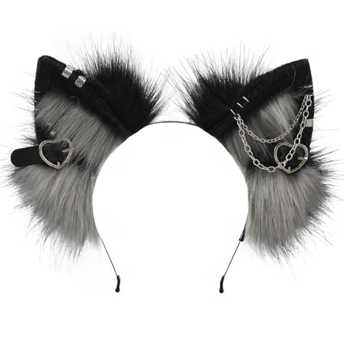 sazpajacos Metal Punk Orejas de Gato Tocado Orejas de Animal Tocado Anime Disfraz Atrezzo Halloween Carnaval Cosplay Accesorios de Disfraz para Adultos Mujeres Hombres, Negro Gris