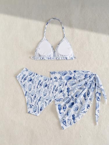 Image of SEGT Girl's 3 Piece Striped Bikini Swimwear Cute Swimsuits Bathing Suit High Waisted with Cover Up Beach Skirt