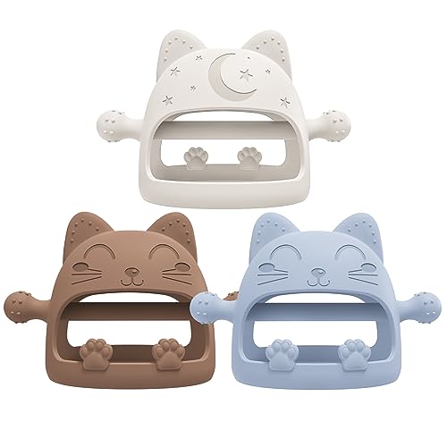 Image of 3 Pack Baby Teether-Cartoon Teethers for Babies 0-6 Months, Baby Teething Toys,Baby Chew Toys for Teething Relief,Baby Toys 0-6 Months,Ideal Baby Travel Essentials for Newborn &Moms(Cartoon Cat)