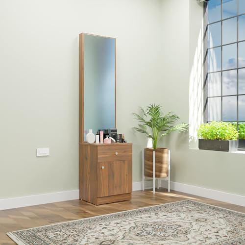 Image of VIKI | Engineered Wood Dressing Table with 1 Drawer & 1 Door, Mirror and Huge Storage Space | Vanity for Living Room, Bedroom (Brussel Walnut - 43.8W x 40D x 182.6H cms)