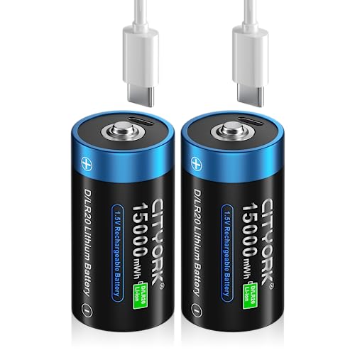 CITYORK USB Recargable D Batería 1.5V 10000mAh (Paquete de 2)   Voltaje Constante   Ideal para Juguetes, antorchas, Reproductores de CD y Otros Dispositivos alimentados por batería