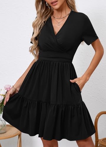 Image of Women's Casual Summer Dress V Neck Short Sleeve Flowy Stretchy Comfort Fit for Daily Wear Work Midi Dresses