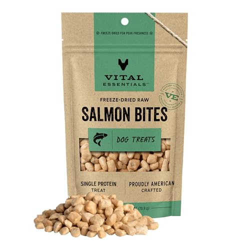 Vital Essentials Salmon Bites Dog Treats, 2.5 oz | Freeze-Dried Raw | Single Protein | Premium Quality High Protein Training Treats | Grain Free, Gluten Free, Filler Free