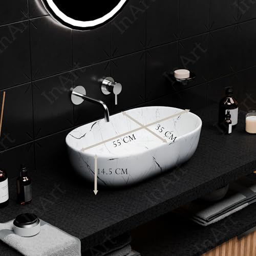 Image of InArt Table Top Wash Basin For Bathroom | Over Counter Top Wash Basin For Living Room | Washbasin Countertop | Tabletop Ceramic Bathroom Kitchen Sink (55 x 35 x 14 CM) (White - Marble Design)