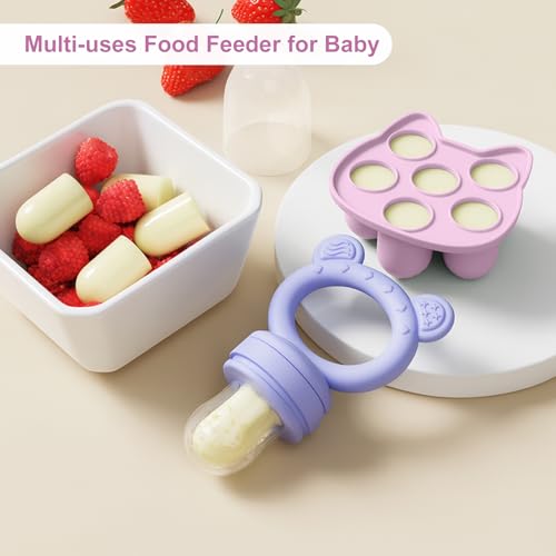 Image of Baby Breastmilk Popsicle Molds & Baby Fruit Feeder (4 Pack), Infant Food Freezer Tray Storage Containers, Silicone Teething Pacifier Feeder and Teether for Babies,Boys and Girls-Pink&Purple