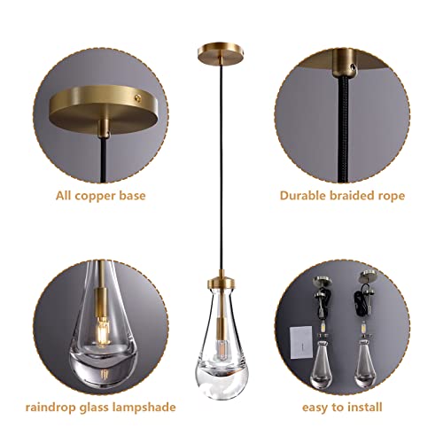 Yuexpand Pendant Light Fixtures,Modern Pendant Lights Kitchen Island,Brass Hanging Lights With Raindrop Glass For Living Room Hallway Bedroom Dining Hall Office Bar Farmhouse Decor(Including Bulb) #TOP5