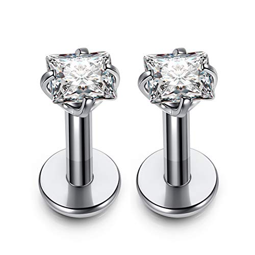 PiercingJ 2pcs 16g 316L Stainless Steel 3mm Cubic Zirconia Labret Monroe Lip Ring/Tragus/Helix Earring,6MM Bar Length