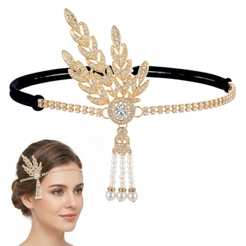 JJUNW 1920s Flapper Headband Leaf Rhiestones Headpiece Bride Wedding Head Bands Pearl Tassel Headdress 1920s Headpiece for Women (Gold)