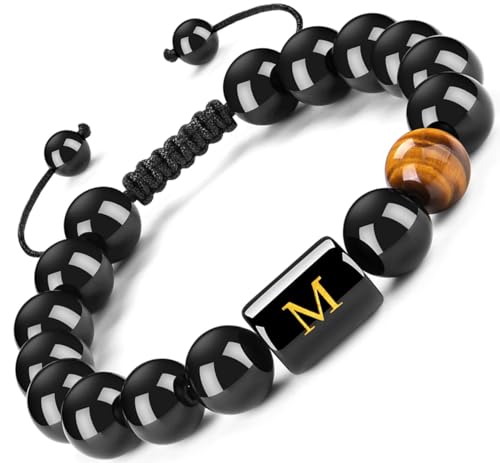 FRG Initials Bracelets Gifts for Men Letter Link Handmade Natural Black Onyx Tiger Eye Stone Beads Braided Rope Meaningful Bracelet Gifts for Son Grandson Husband Boyfriend Brother