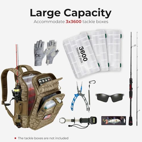 Image of Piscifun Fishing Tackle Backpack with Rod & Gear Holder, Lightweight Outdoor Water-Resistant Fishing Shoulder Storage Bag with Protective Rain Cover, Khaki Camouflage