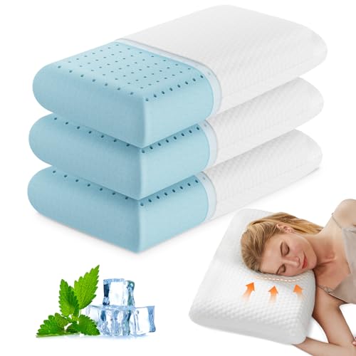 OLIXIS Memory Foam Pillows for Sleeping 3 Pack Queen Size Bed Pillows for Adults with Removable Washable Cover Breathable Mesh Gel Cooling Technology Firm Support for Back and Side Sleepers Pure White