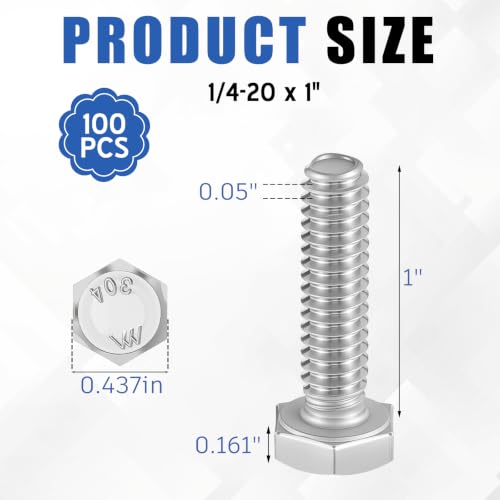Image of Zonon 100 Pcs 1 /4-20 x 1 Hex Head Screw Bolt, Silver