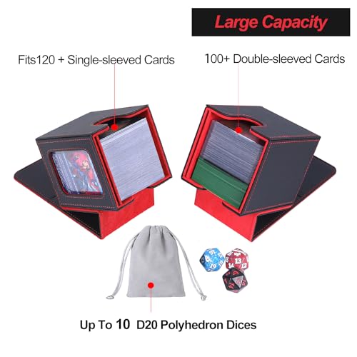 Image of AFIING MTG Deck Box for Commander Display,Card Deck Box Fits 100 Double Sleeved Cards, Magic Commander TCG Card Storage Box with 2 Dividers,Drawstring Bag and 1 Toploader(Black /Red)
