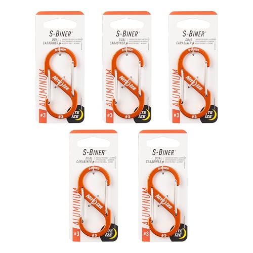 Nite Ize S-Biner Aluminum Dual Carabiner - Durable Dual Carabiner with Wire Gate Closure for Organizing Keys & Gear Attachments - Size 3, Orange (5 Pack)