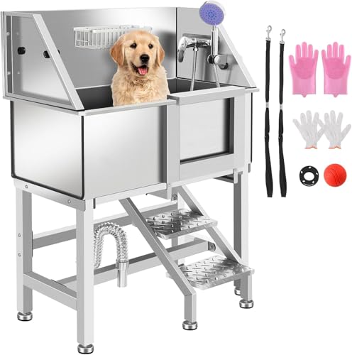 OUKIDR Dog Washing Station for Home, Professional Stainless Steel Dog Grooming Tub with Stairs, Door & Drain for Large, Medium & Small Pets, Silver (34 inch-Right Door)