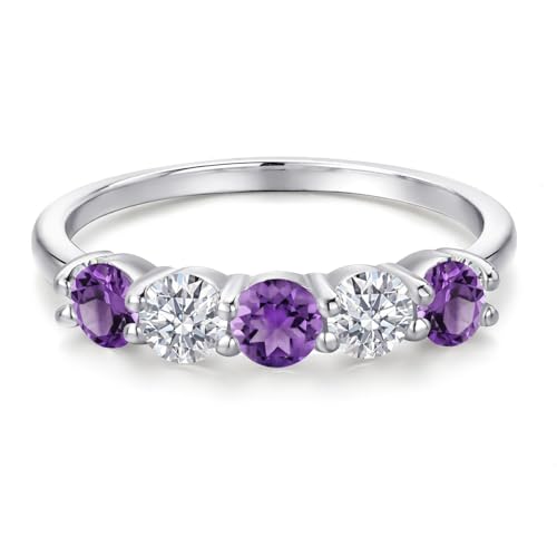 Gem Stone King 925 Sterling Silver Purple Amethyst and White Lab Grown Diamond Wedding-Bands Ring For Women | 1.29 Cttw | Round 4MM | Gemstone February Birthstone | Available in Size 5,6,7,8,93