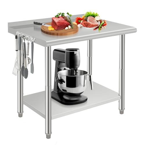 Stainless Steel Table for Prep & Work with Backsplash, Commercial Metal Kitchen Prep Table with Hooks and Adjustable Shelf, Heavy Duty Table for Home