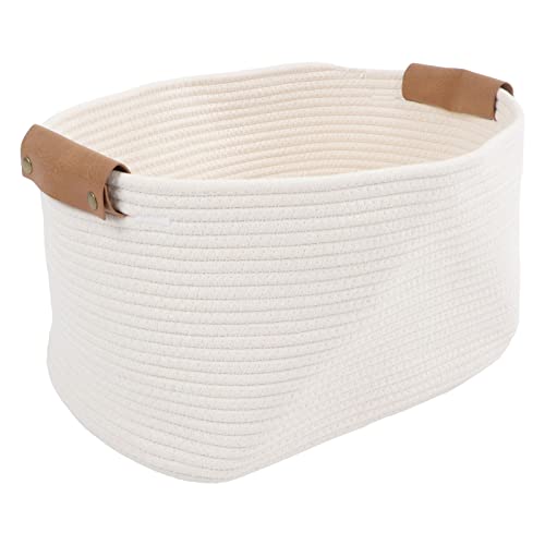Focket Cesta de Almacenamiento, Cesta de Lavandería de Cuerda de Algodón para Almacenamiento de Juguetes y Mantas, Organizador de Baño con Asas de Cuero Extraíbles para Sala de Estar, Lavandería