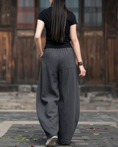 IXIMO Women's Linen Wide Leg Pants Casual Elastic Waist Loose Lantern Trousers Front Pockets4