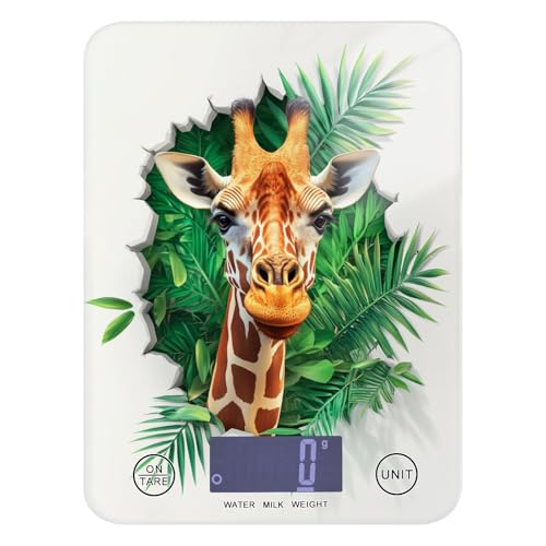 Báscula de comida portátil con agujero 3D de jirafa de animales de pared blanca, fácil de limpiar, 11 libras/5 g, escala de gramos de cocina de 5 kg/5 g con 4 unidades para pérdida de peso (pilas no
