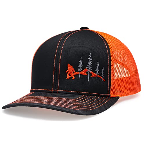 LARIX Trucker Hat, Wild Bigfoot Hat, Black Orange Sasquatch Hat Bigfoot Gifts
