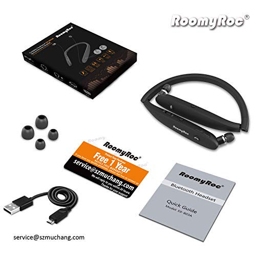 Image of RoomyRoc Bluetooth Headphones, RoomyRoc Wireless Neckband Headset Evoking Siri & Bixby with Retractable Earbuds, Sports Sweat-Proof Noise Cancelling Foldable Stereo Earphones with Mic (Black)