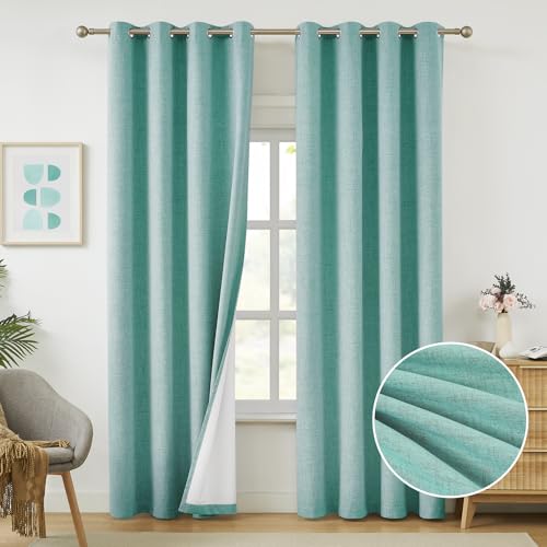 Melodieux Teal 100% Blackout Linen Curtains 84 Inches Long for