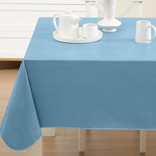 Newbridge Basketweave Vinyl Flannel Backed Tablecloth, 52 x 52 Inch Square, Blue, Basket Weave Textured Indoor Outdoor Waterproof Table Cover for Patio, Kitchen, Dining