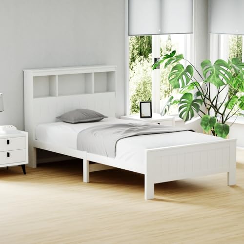 Artiss King Single Bed Frame Platform Wooden Timber Frames with Bookshelf Beds Base Bedroom Room Decor Home Furniture White for Kids, Toddler and Adult, Modern Design