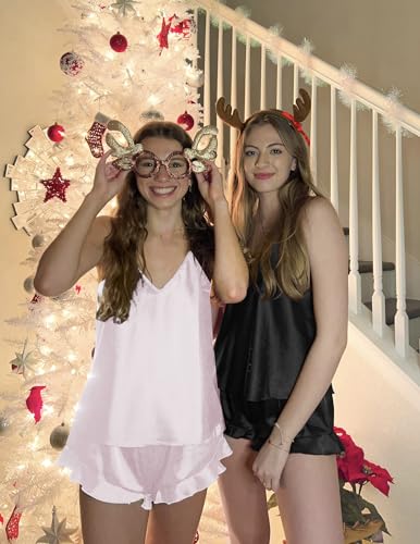 Ekouaer Conjunto de pijama feminino de seda com babados, B - Rosa, GG