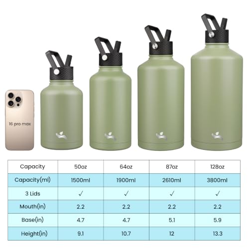 Image of Konokyo Insulated Water Bottle with Straw,87 oz 3 Lids Water Jug with Carrying Bag,Paracord Handle,Double Wall Vacuum Stainless Steel Metal Flask,Camp Green